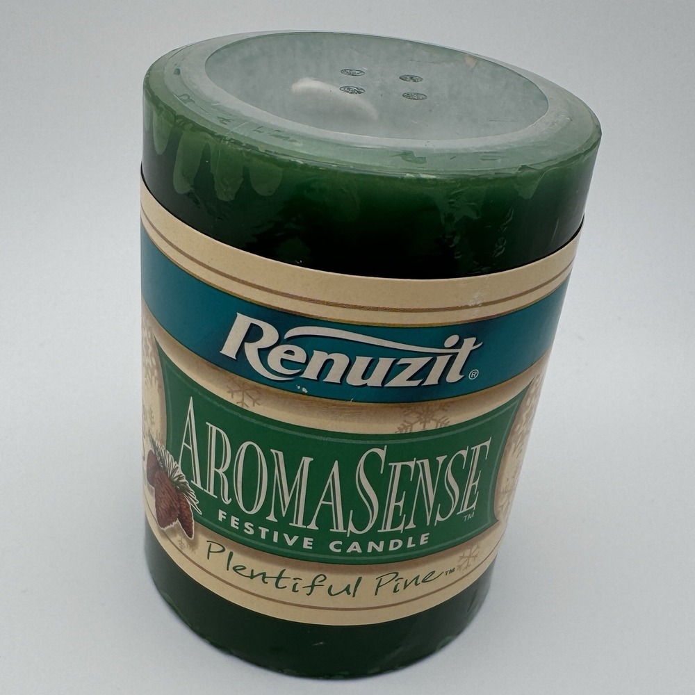 1999 Renuzit AromaSense Festive Pillar Candle Plentiful Pine New Sealed NOS 3x4